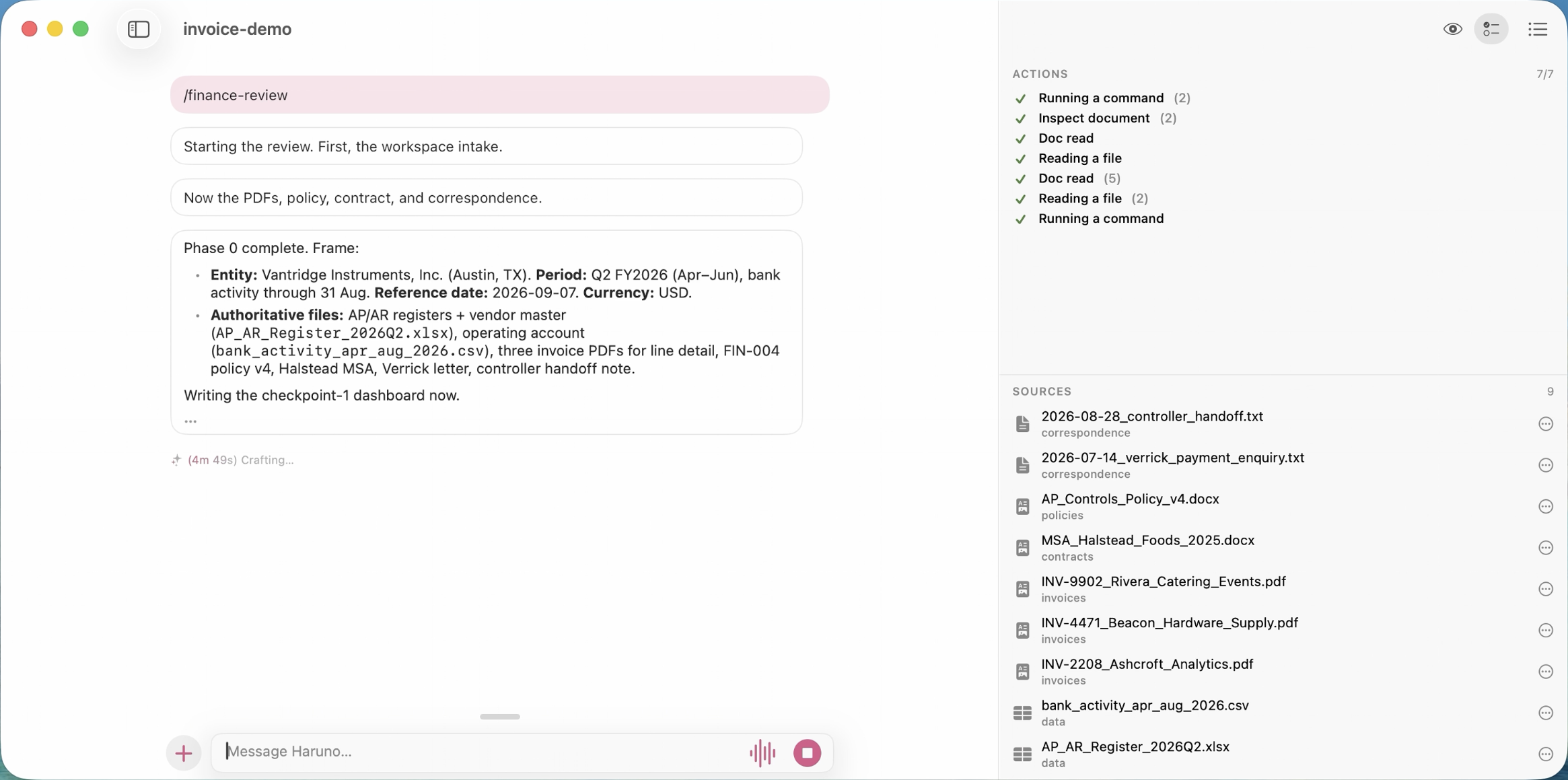 Haruno’s initial review summary beside completed actions and a list of source spreadsheets, invoices, and contracts
