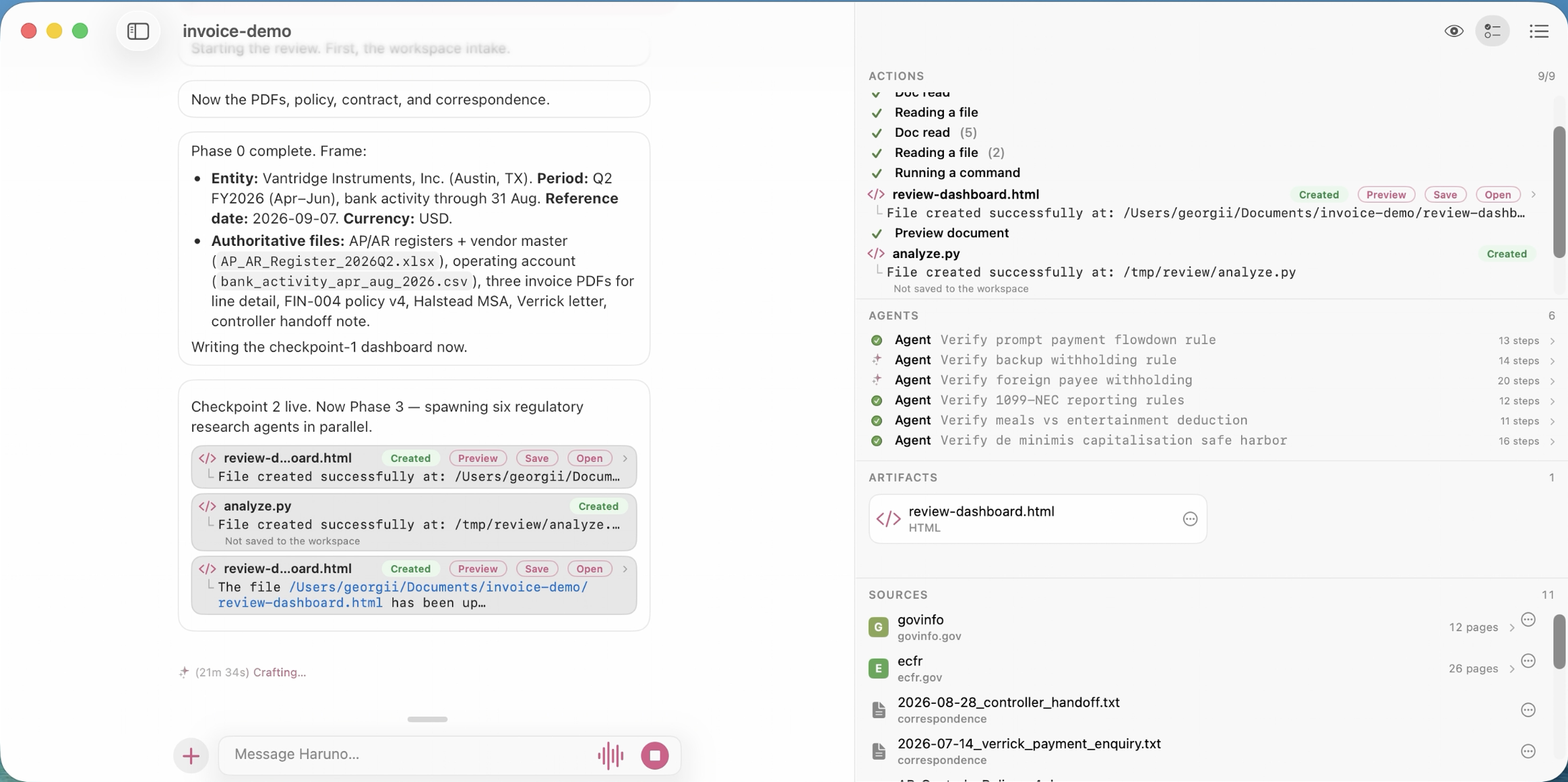 Six regulatory research tasks in the Actions sidebar, with some completed and others still running