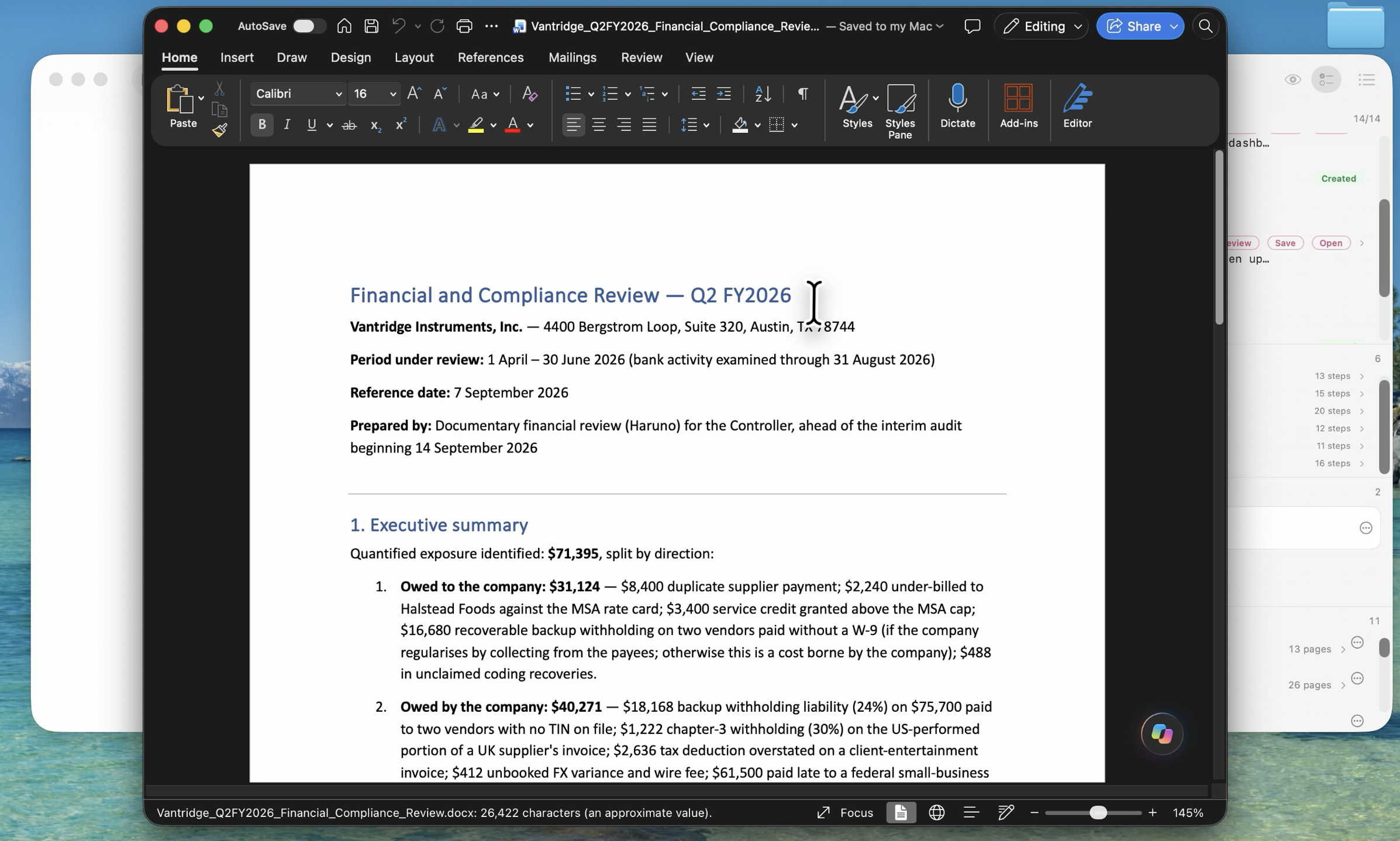 The financial and compliance review open in Microsoft Word, showing its reporting period and executive summary