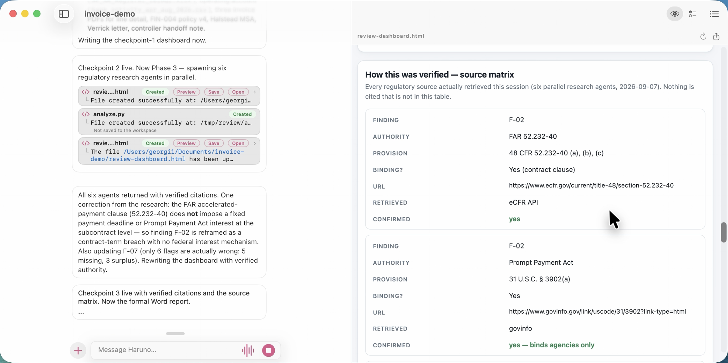 The report’s source matrix listing regulatory references, provisions, and source URLs beside Haruno’s research update