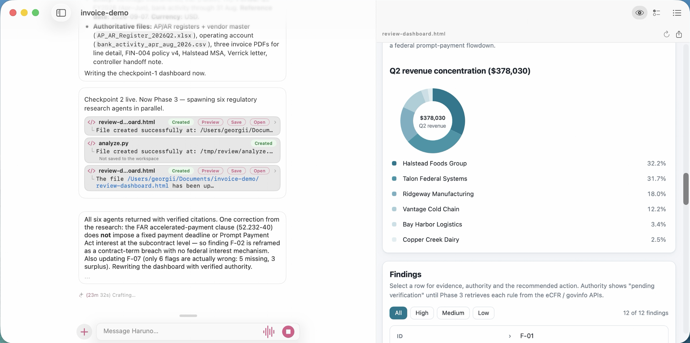 The report’s customer revenue breakdown and severity filters beside the research results