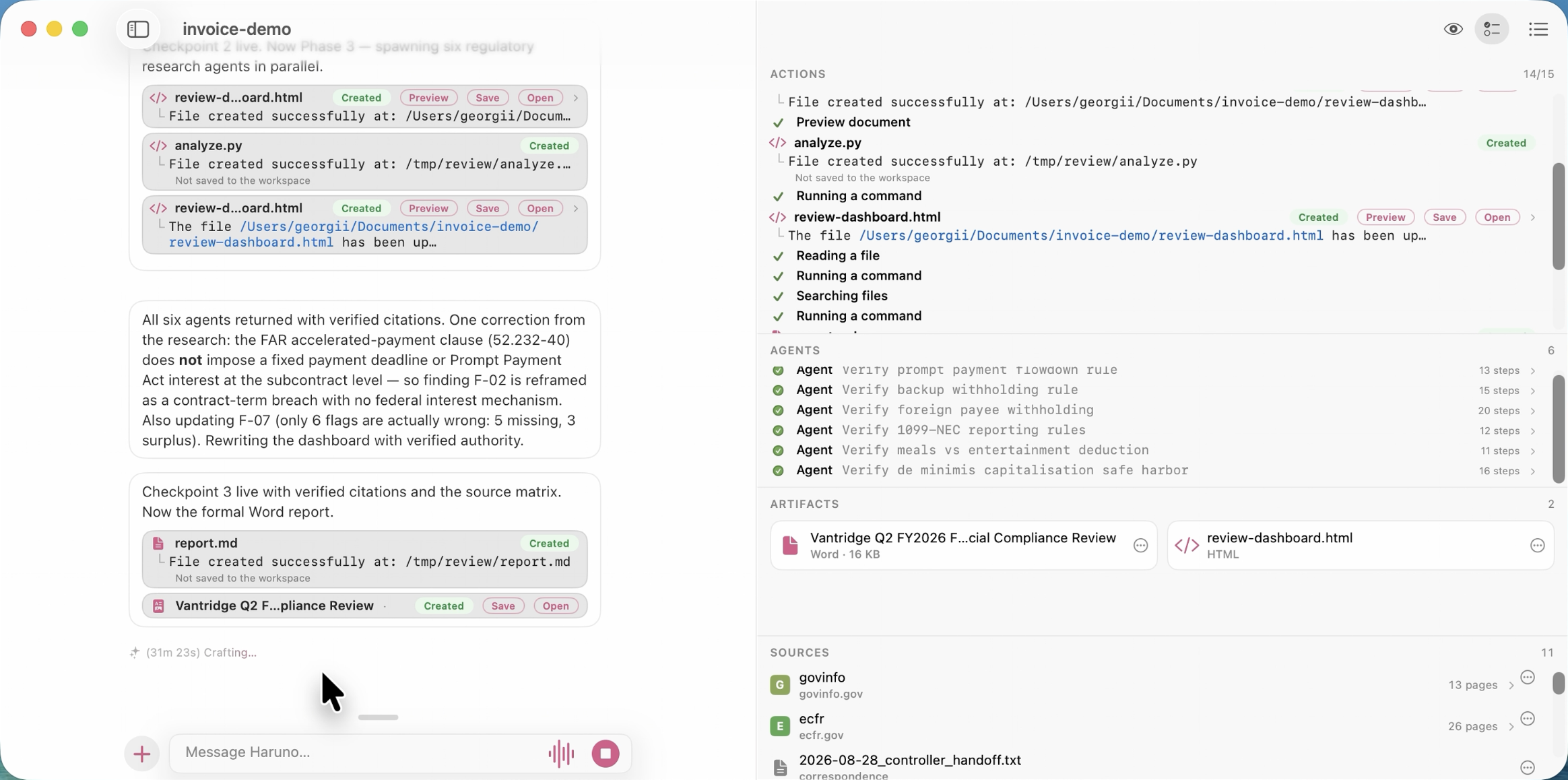 The Actions sidebar showing all six research agents completed and the Word report and HTML dashboard under Artifacts