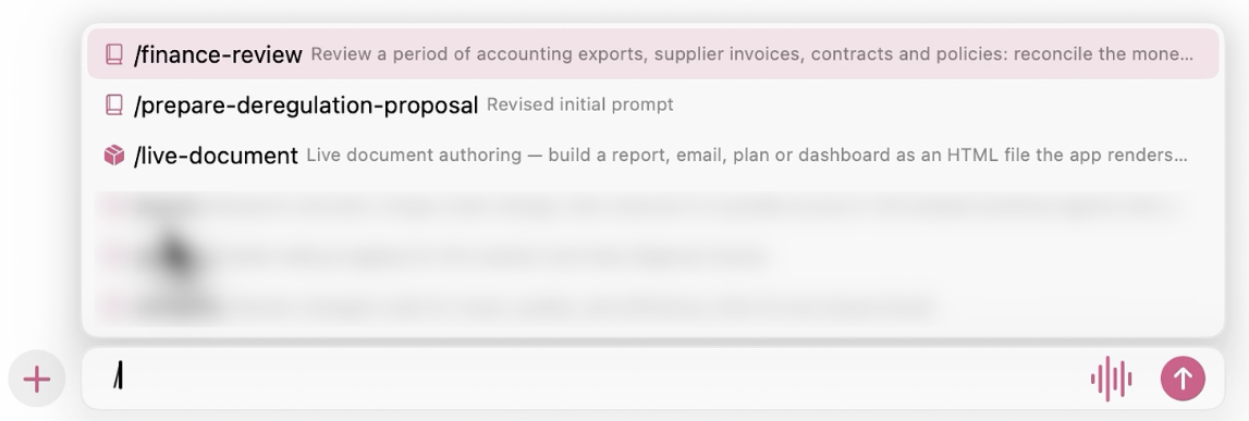 The finance-review playbook selected in Haruno’s slash-command menu