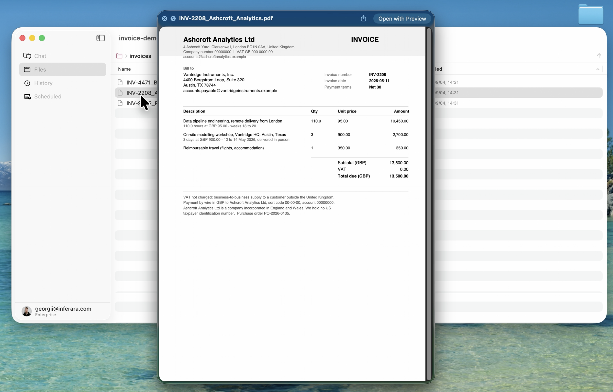 A supplier invoice in British pounds opened in Haruno’s file preview