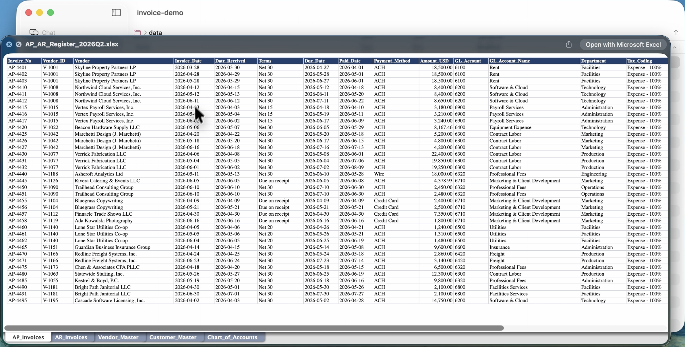 Excel accounts payable register with invoice dates, vendors, amounts, payment dates, and tax coding