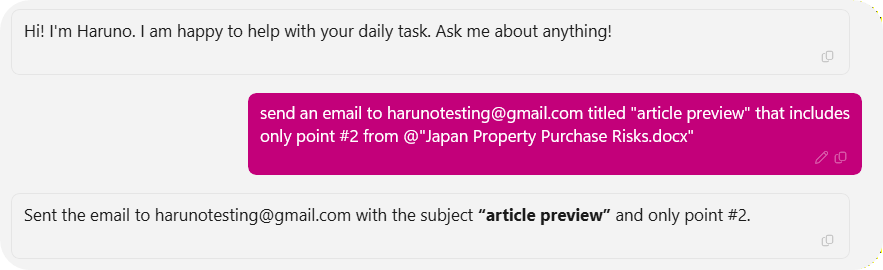 ハルノのチャットに表示された完了済みタスクの結果