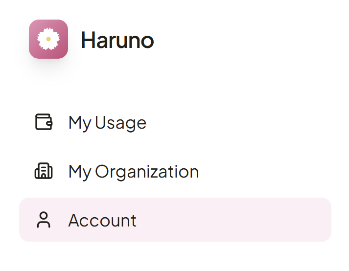 Haruno 控制面板菜单中显示“账户”选项。