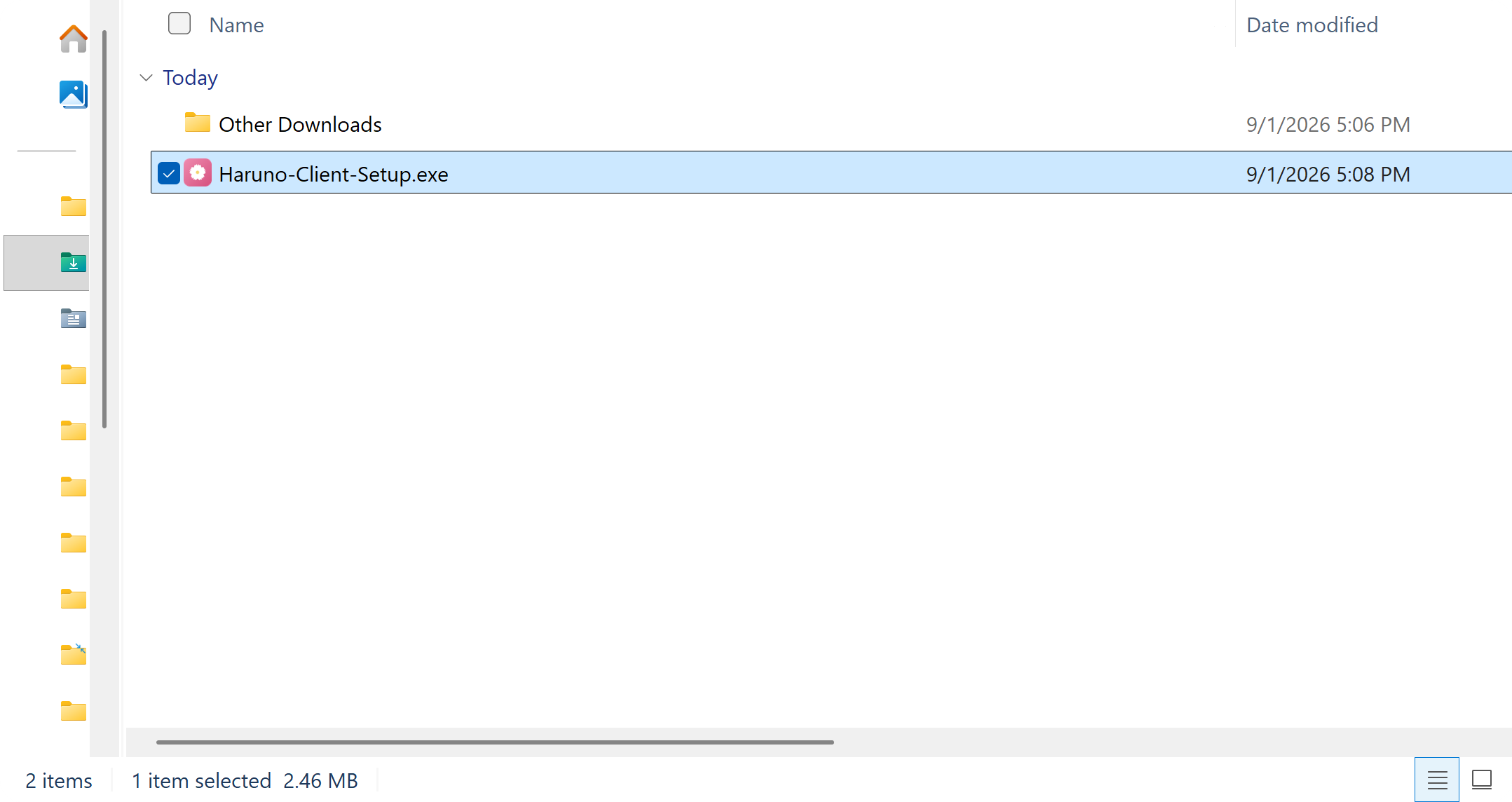Downloads folder with Haruno-Client-Setup.exe selected.