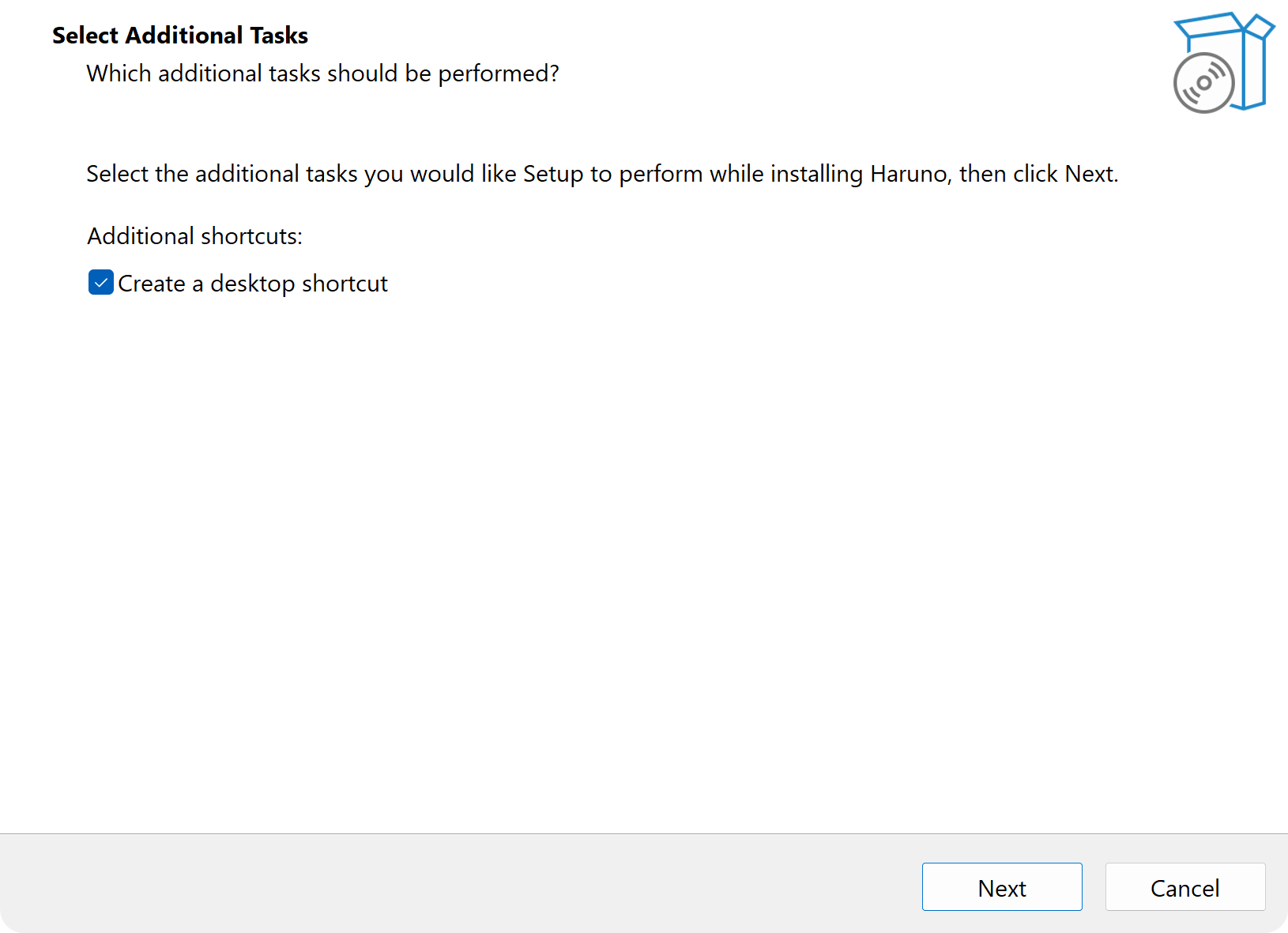 Haruno Setup welcome screen on Windows.