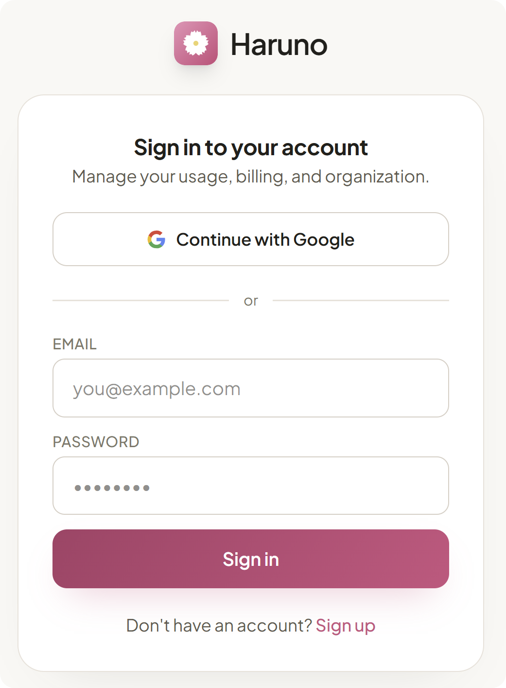 Haruno sign-in screen with the Sign in with browser button.