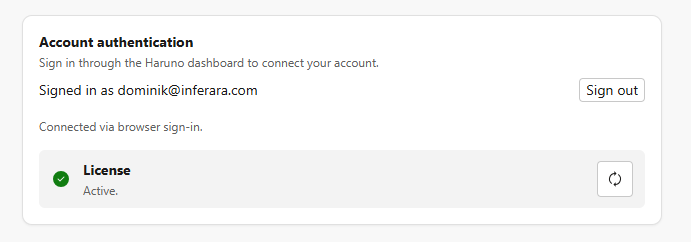 Haruno settings screen showing an active account and License Active status.