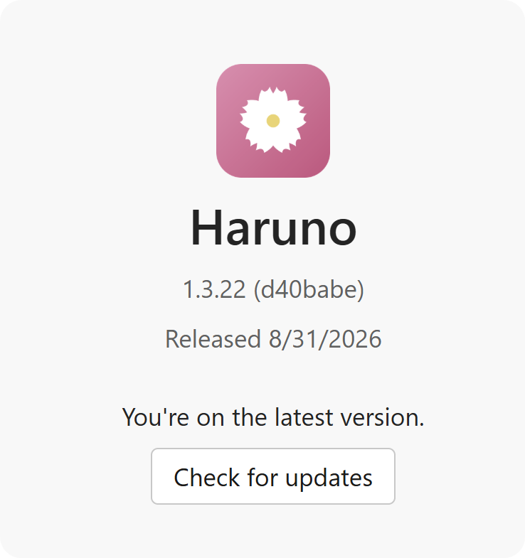 Haruno settings or about screen showing the installed app version on Windows.
